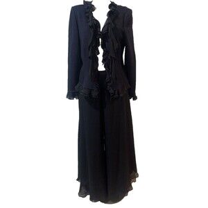St. John Evening Women’s Santana Knit Silk Ruffle 2pc Pant Suit size 14 Black